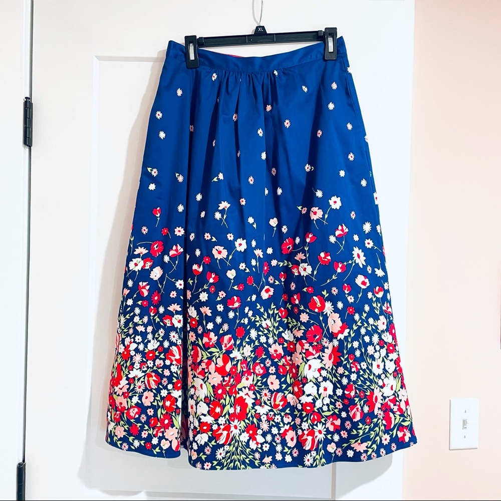 🏷 New Boden Emilia midi blue red floral pleated cotton skirt US 6